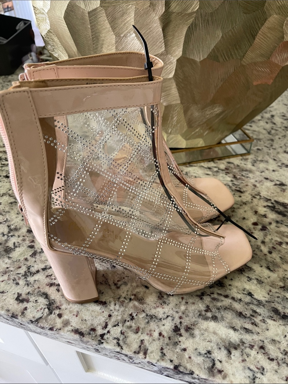 Women’s Nude/Pink Rhinestone Mesh Block Heel Booties